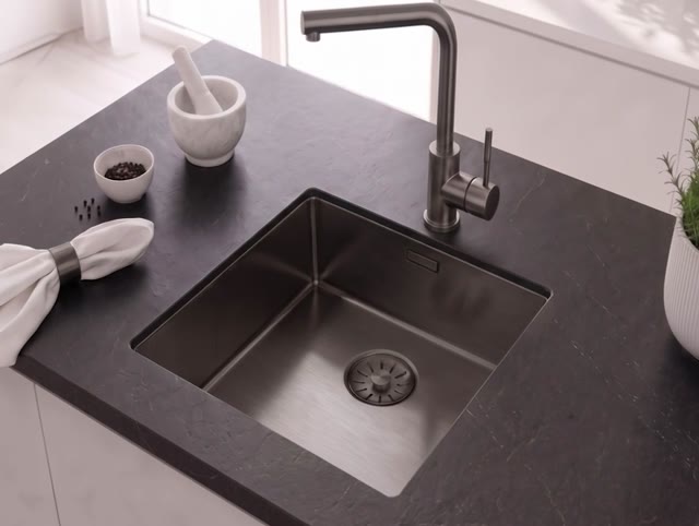 Pure.Sink Comfort PVD Gun metal spoelbak 40x40 cm 10mm radius onderbouw, vlakbouw en opbouw PCM4040-61