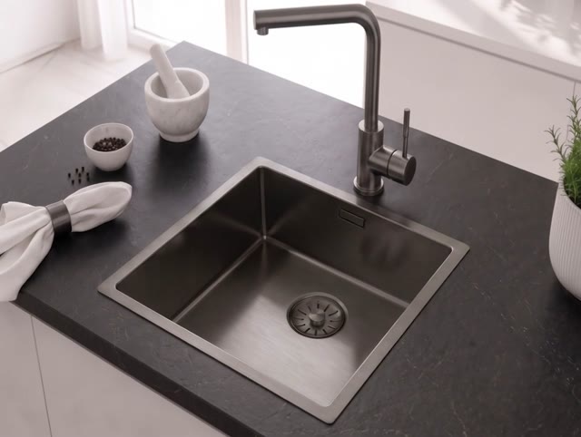 Pure.Sink Comfort PVD Gun metal spoelbak 40x40 cm 10mm radius onderbouw, vlakbouw en opbouw PCM4040-61