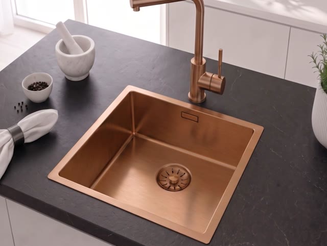 Pure.Sink Comfort PVD Rosé Koper spoelbak 40x40 cm 10mm radius onderbouw, vlakbouw en opbouw PCM4040-62