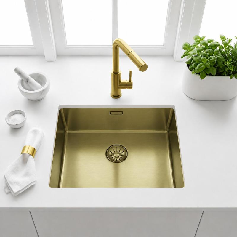 Pure.Sink Comfort PVD Gouden spoelbak 50x40 cm 10mm radius onderbouw, vlakbouw en opbouw PCM5040-60