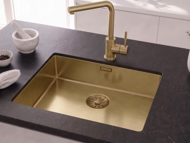 Pure.Sink Comfort PVD Gouden spoelbak 50x40 cm 10mm radius onderbouw, vlakbouw en opbouw PCM5040-60