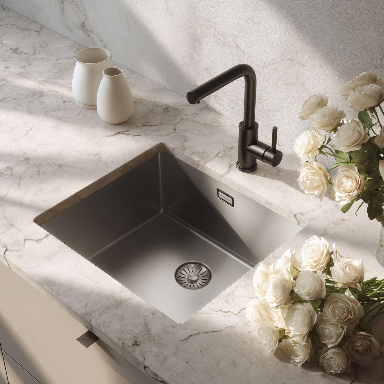 Pure.Sink Comfort Lavatório especial curto em aço inoxidável de 35 cm 40x35 cm que poupa espaço PCM4035-02