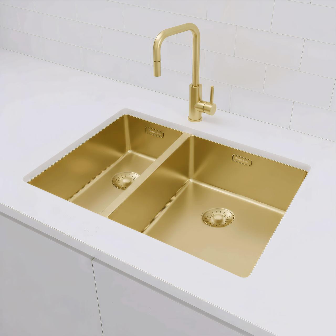 Pure.Sink Comfort Pia de aço inoxidável de uma vez e meia 18+34x40cm PVD dourado cuba grande à direita para montagem sob bancada sobre bancada e embutida PCM183440-60