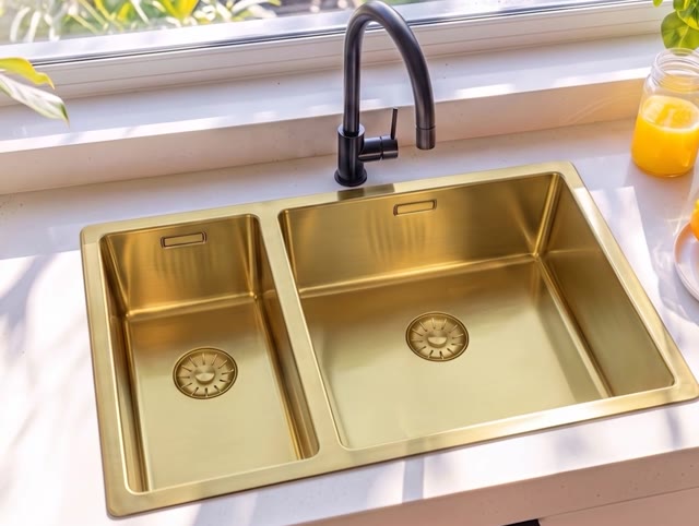 Pure.Sink Comfort 1,5 anderhalve PVD gouden spoelbak 18+34 cm grote bak rechts PCM183440-60