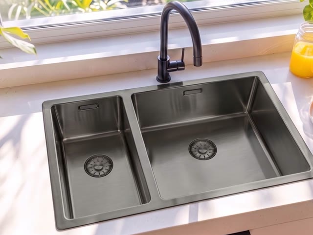 Pure.Sink Comfort 1,5 anderhalve PVD gun metal spoelbak 18+34 cm grote bak rechts PCM183440-61