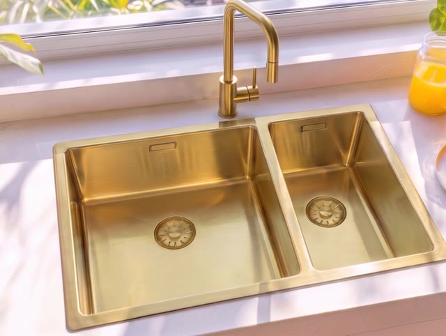 Pure.Sink Comfort 1,5 anderhalve PVD gouden spoelbak 34+18 cm grote bak links PEX341840-60