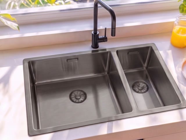 Pure.Sink Comfort 1,5 anderhalve PVD gun metal spoelbak 34+18 cm grote bak links PCM341840-61