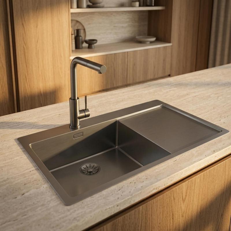 Pure.Sink Comfort PVD Gun Metal spoelbak met afdruipgedeelte 86x52 cm Tapwing links PCM5086LT-61