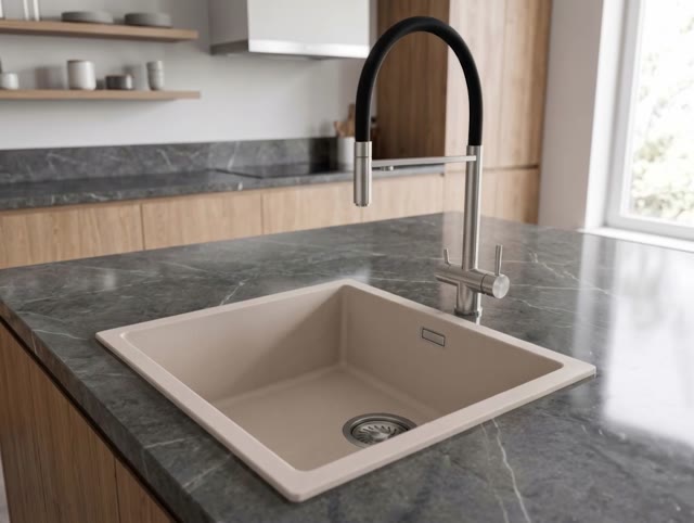 Pure.Sink Eternal Quartz Coffee cream Spoelbak 40x40 cm Onderbouw en Opbouw met RVS plug