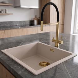 Pure.Sink Eternal Quartz Coffee Cream Sink, 40x40 cm, Under-mount and Over-mount with Gold Plug