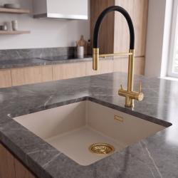 Pure.Sink Eternal Quartz Coffee cream Spoelbak 40x40 cm Onderbouw en Opbouw met Gouden plug