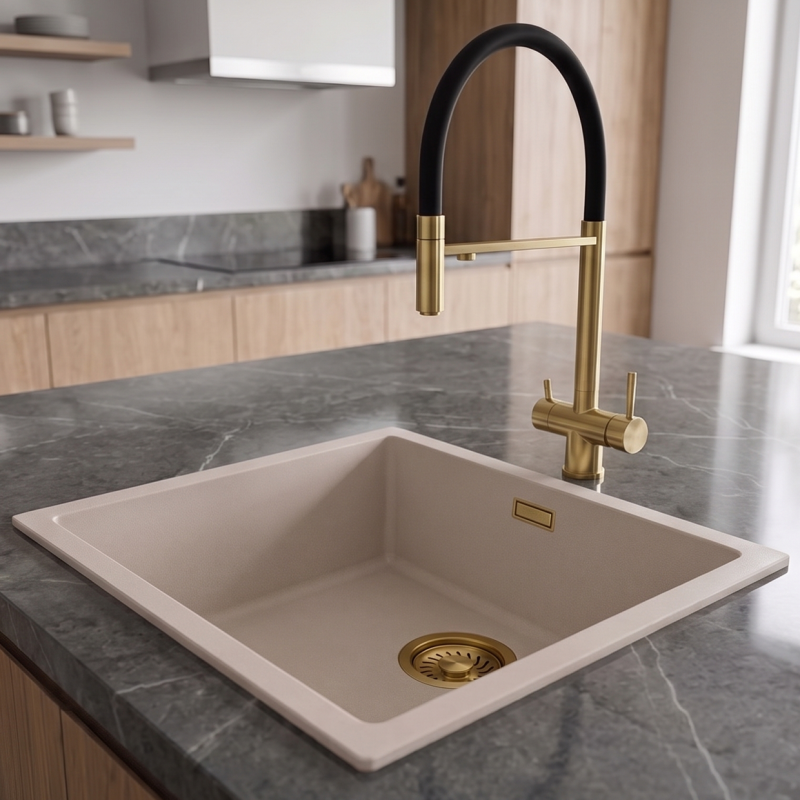 Pure.Sink Eternal Quartz Coffee cream Spoelbak 40x40 cm Onderbouw en Opbouw met Gouden plug