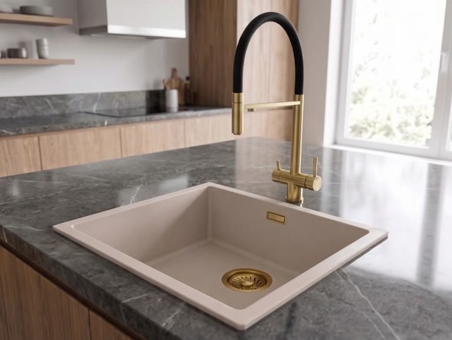 Pure.Sink Eternal Quartz Coffee cream Spoelbak 40x40 cm Onderbouw en Opbouw met Gouden plug