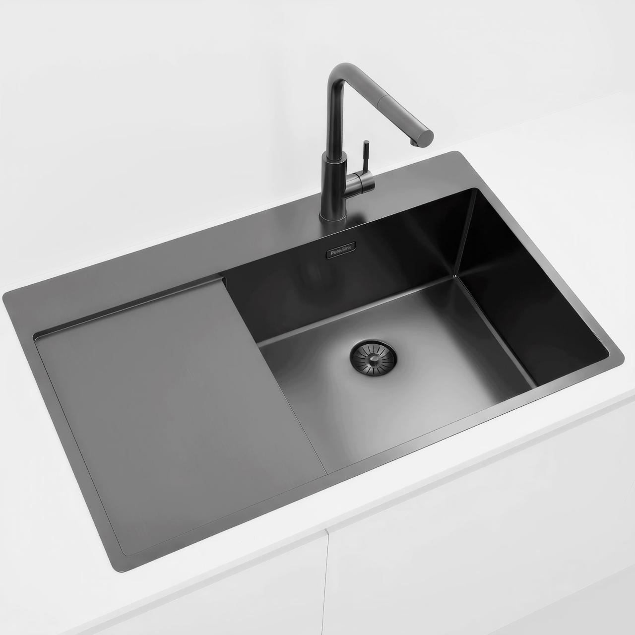 Pure.Sink Comfort Lavello in acciaio inossidabile 50x40 cm finitura PVD con scolapiatti 86x52 cm rubinetto a destra foro per rubinetto da 35 mm montaggio a filo e incasso PCM5086RT-61 Gun Met