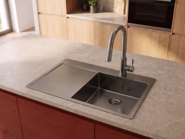 Pure.Sink Comfort Gun Metal spoelbak met afdruipgedeelte 86x52 cm Tapwing rechts PCM5086RT-61