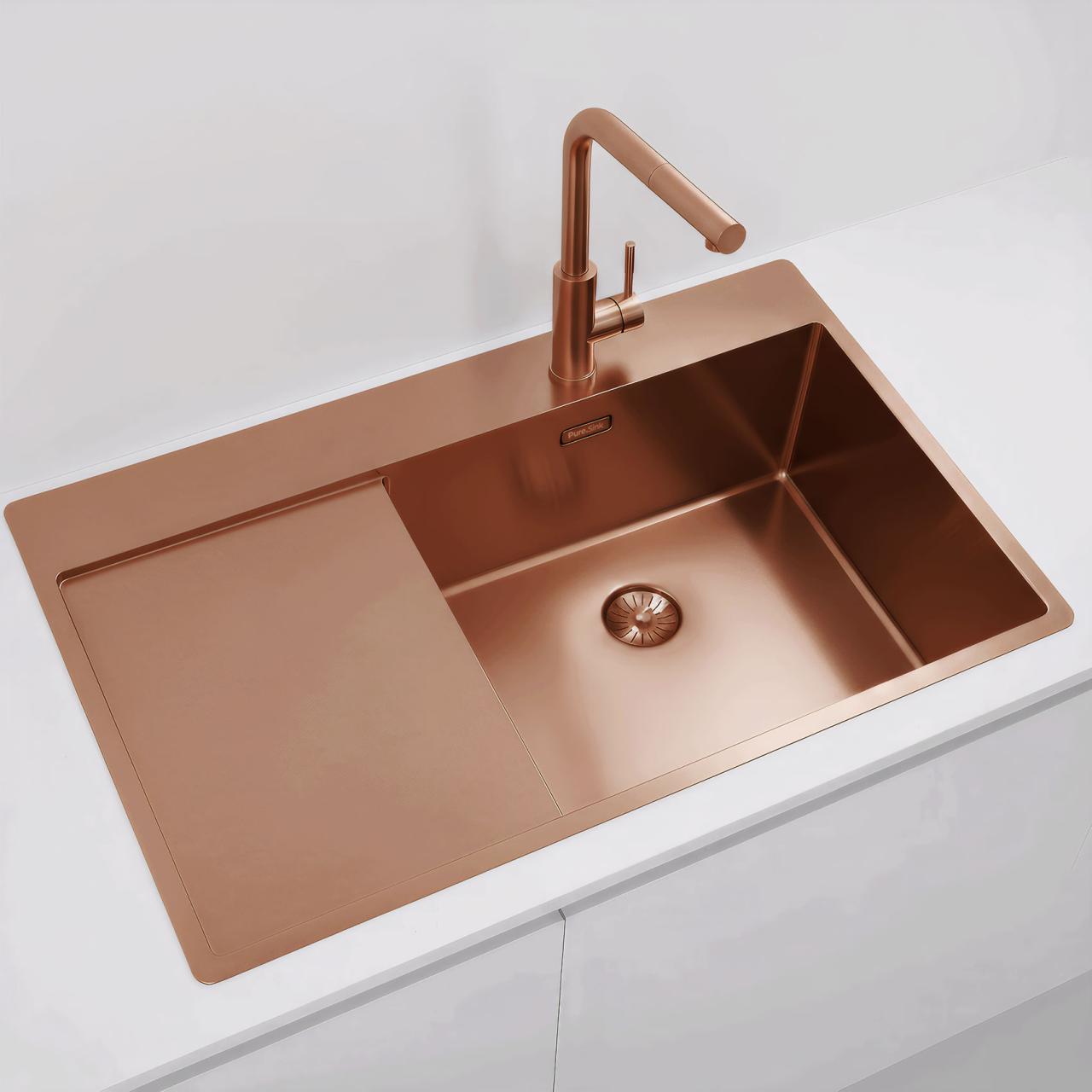 Pure.Sink Comfort Lavello in acciaio inossidabile 50x40 cm finitura PVD rame rosato con scolapiatti 86x52 cm rubinetto a destra montaggio a filo e incasso PEX5086RT-62