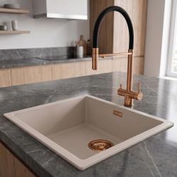 Pure.Sink Eternal Quartz Coffee Cream Sink, 40x40 cm, Under-mount and Over-mount with Copper Plug