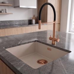 Pure.Sink Eternal Quartz Coffee cream Spoelbak 40x40 cm Onderbouw en Opbouw met Koperen plug