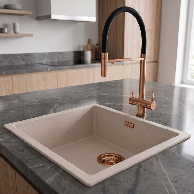 Pure.Sink Eternal Quartz Coffee cream Spoelbak 40x40 cm Onderbouw en Opbouw met Koperen plug