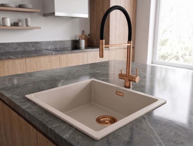 Pure.Sink Eternal Quartz Coffee cream Spoelbak 40x40 cm Onderbouw en Opbouw met Koperen plug