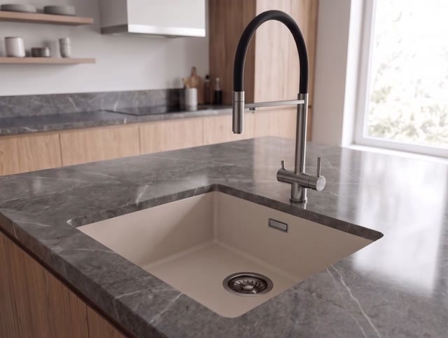 Pure.Sink Eternal Quartz Coffee cream Spoelbak 40x40 cm Onderbouw en Opbouw met Gun metal plug