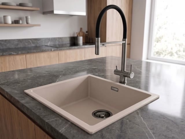 Pure.Sink Eternal Quartz Coffee cream Spoelbak 40x40 cm Onderbouw en Opbouw met Gun metal plug