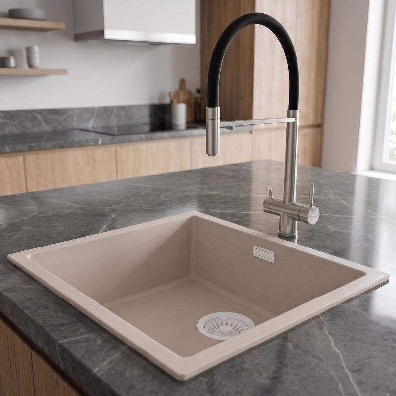 Pure.Sink Eternal Quartz Coffee cream Spoelbak 40x40 cm Onderbouw en Opbouw met Witte plug