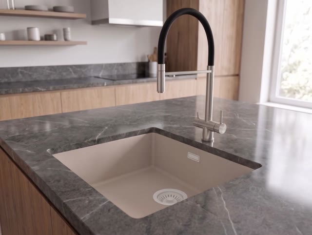 Pure.Sink Eternal Quartz Coffee cream Spoelbak 40x40 cm Onderbouw en Opbouw met Witte plug