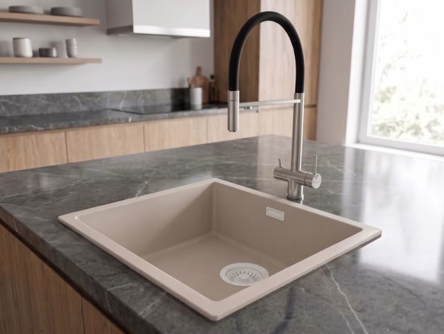 Pure.Sink Eternal Quartz Coffee cream Spoelbak 40x40 cm Onderbouw en Opbouw met Witte plug