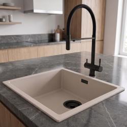 Pure.Sink Eternal Quartz Coffee Cream Sink, 40x40 cm, Under-mount and Over-mount with Black Plug