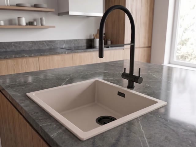 Pure.Sink Eternal Quartz Coffee cream Spoelbak 40x40 cm Onderbouw en Opbouw met Zwarte plug