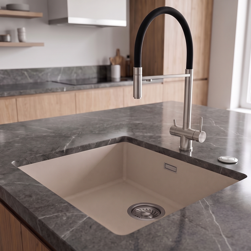 Pure.Sink Eternal Quartz Coffee cream Spoelbak 40x40 cm Onderbouw en Opbouw met Automatische RVS plug