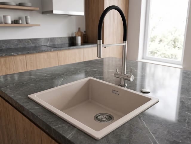 Pure.Sink Eternal Quartz Coffee cream Spoelbak 40x40 cm Onderbouw en Opbouw met Automatische RVS plug