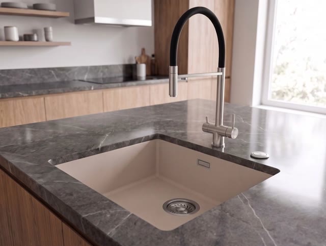 Pure.Sink Eternal Quartz Coffee cream Spoelbak 40x40 cm Onderbouw en Opbouw met Automatische RVS plug