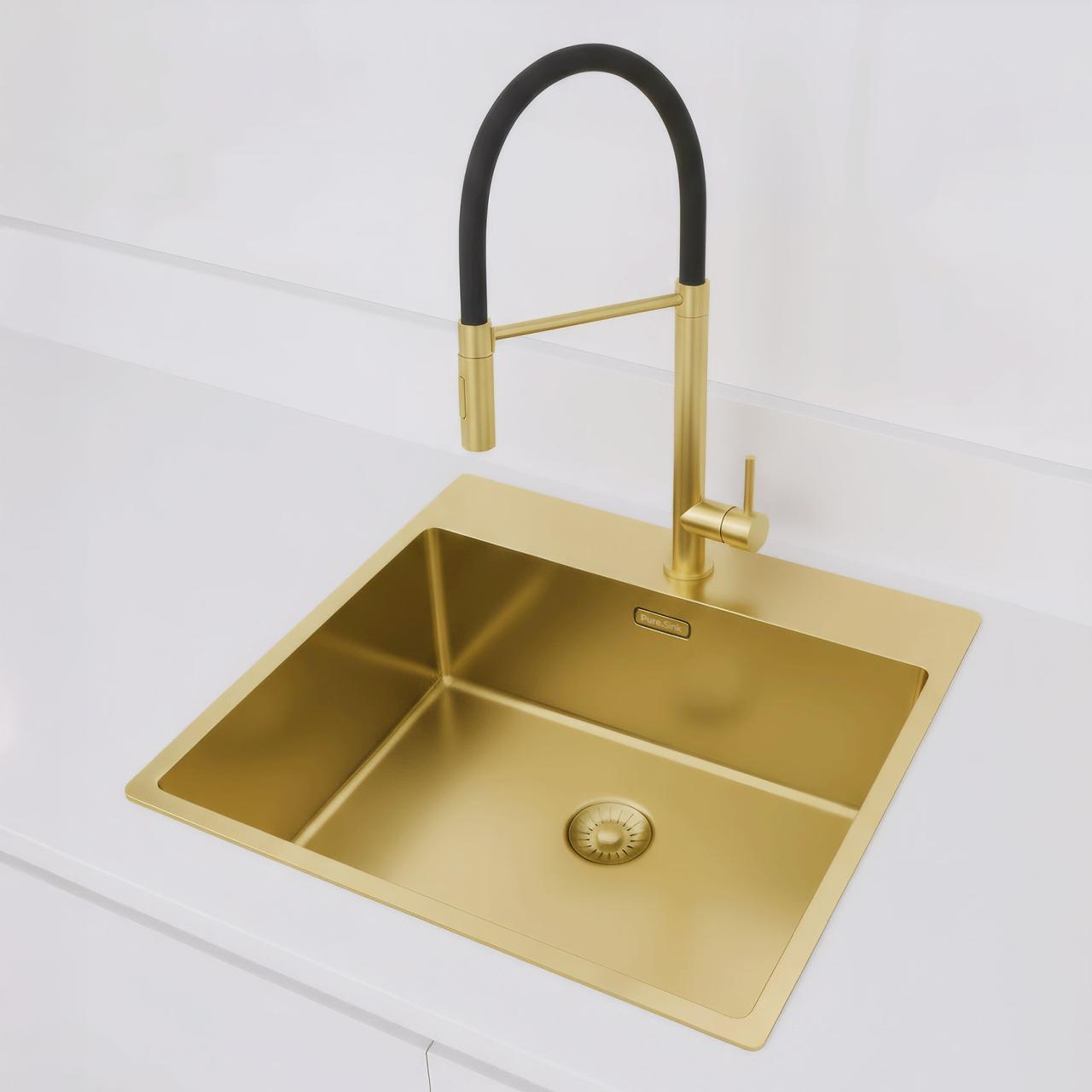 Pure.Sink Comfort Lavello in acciaio inossidabile 50x40 cm con rivestimento PVD dorato e pannello per i rubinetti 54x52 cm rubinetto Tapwing montaggio sotto piano a filo piano e incasso a fil