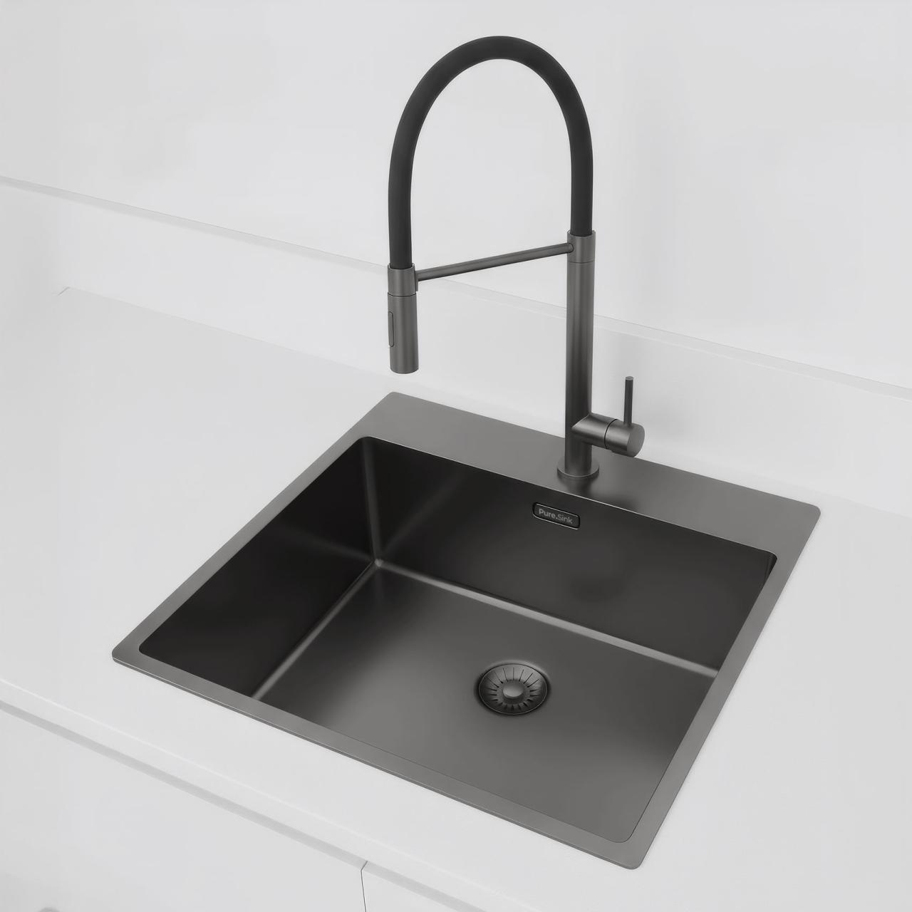 Pure.Sink Comfort Lavello in acciaio inossidabile 50x40 cm finitura PVD con pannello per fori rubinetti 54x52 cm rubinetto Tapwing montaggio sotto piano a filo piano e incasso a filo piano mo