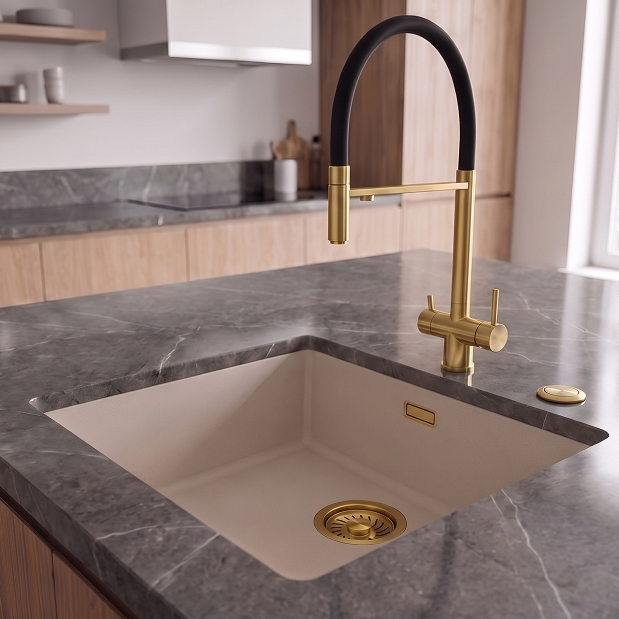 Pure.Sink Eternal Quartz Coffee cream Sink 40x40 cm Undermount and Topmount with Automatic Gold Drain Plug