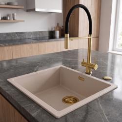 Pure.Sink Eternal Quartz Coffee Cream Sink, 40x40 cm, Under-mount and Over-mount, with Automatic Gold Plug