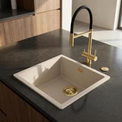 Pure.Sink Eternal Quartz Coffee cream мивка 40x40 см, за вграждане и за монтаж върху плот, с автоматичен златен сифон