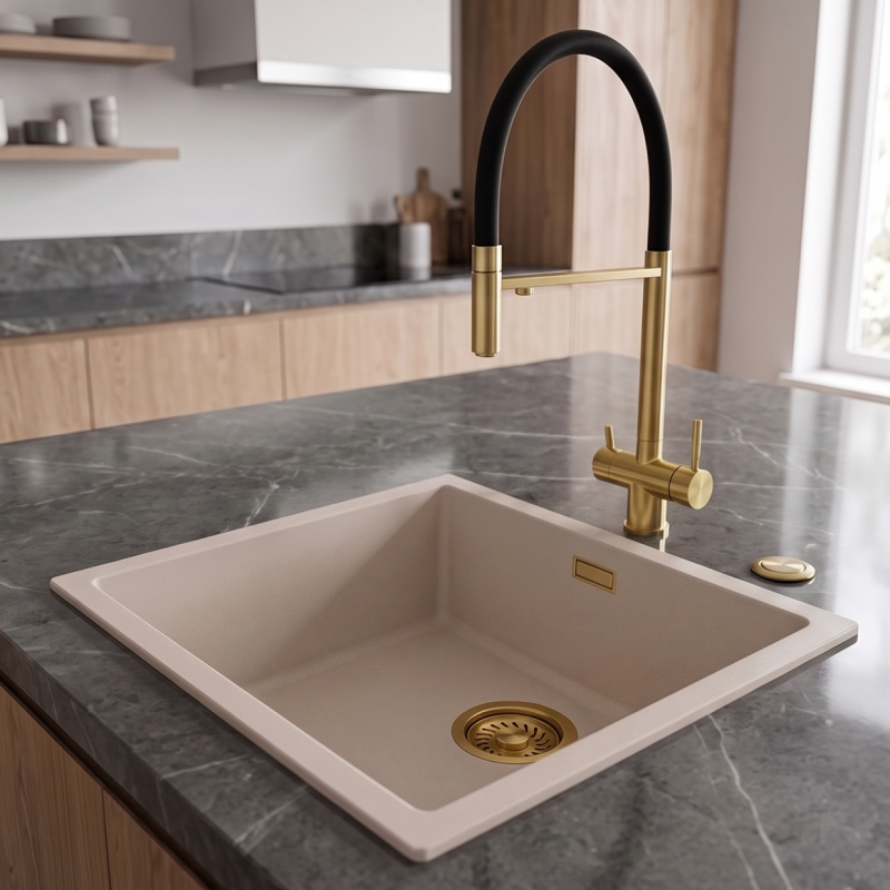 Pure.Sink Eternal Quartz Coffee cream Spoelbak 40x40 cm Onderbouw en Opbouw met Automatische Gouden plug