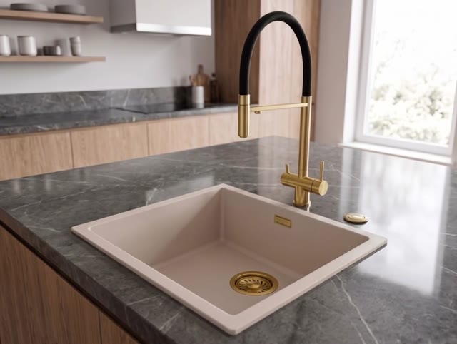 Pure.Sink Eternal Quartz Coffee cream Spoelbak 40x40 cm Onderbouw en Opbouw met Automatische Gouden plug