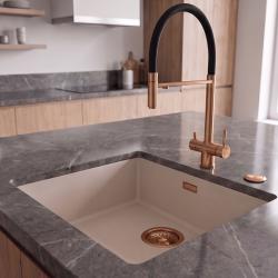 Pure.Sink Eternal Quartz Coffee cream Spoelbak 40x40 cm Onderbouw en Opbouw met Automatische Koperen plug
