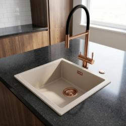 Pure.Sink Eternal Quartz Coffee cream мивка 40x40 см, за вграждане и за монтаж върху плот, с автоматичен меден сифон