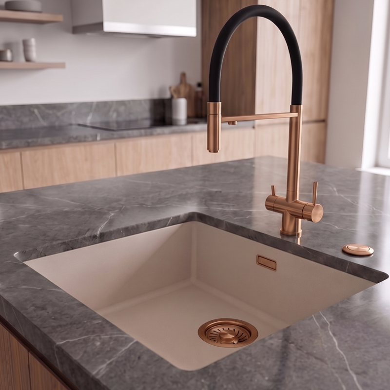 Pure.Sink Eternal Quartz Coffee cream Spoelbak 40x40 cm Onderbouw en Opbouw met Automatische Koperen plug