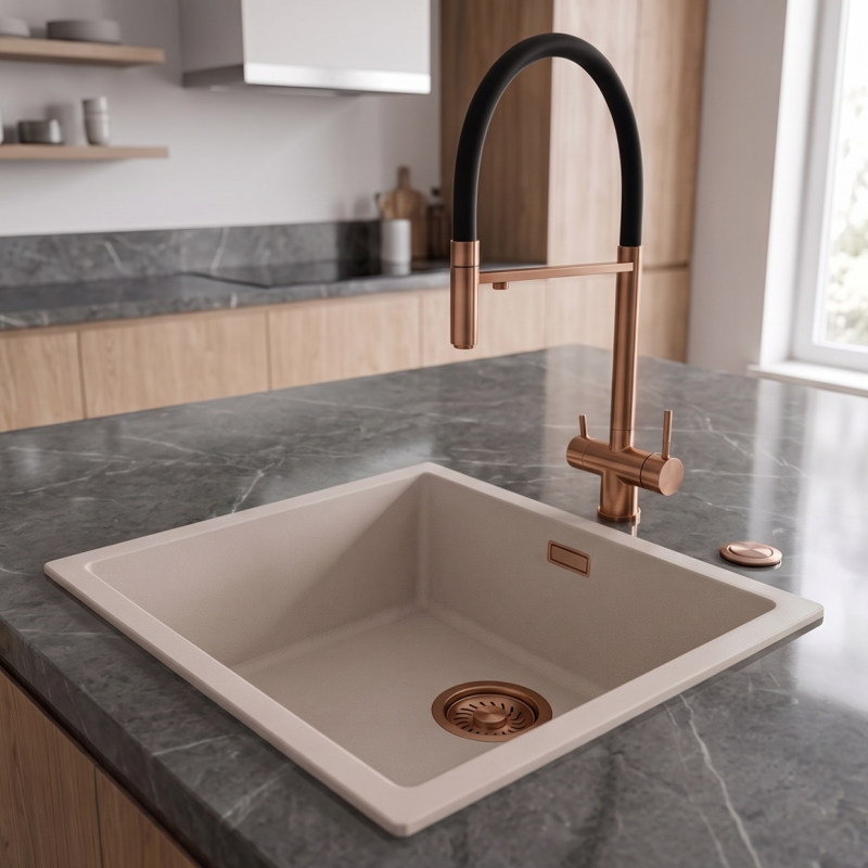 Pure.Sink Eternal Quartz Coffee cream Spoelbak 40x40 cm Onderbouw en Opbouw met Automatische Koperen plug