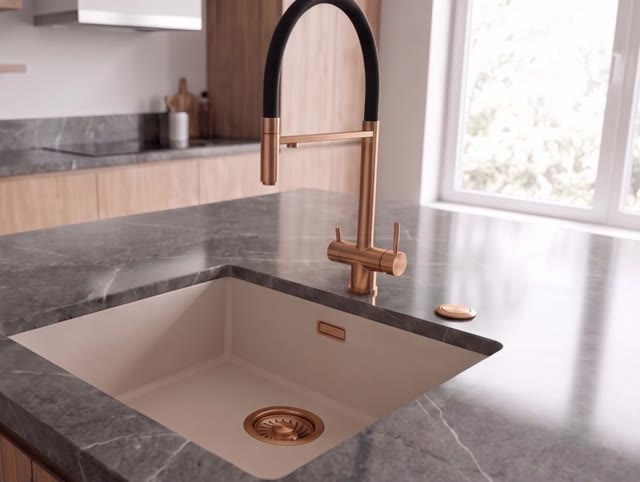 Pure.Sink Eternal Quartz Coffee cream Spoelbak 40x40 cm Onderbouw en Opbouw met Automatische Koperen plug