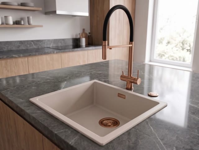 Pure.Sink Eternal Quartz Coffee cream Spoelbak 40x40 cm Onderbouw en Opbouw met Automatische Koperen plug