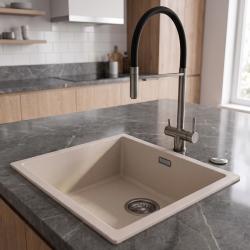 Pure.Sink Eternal Quartz Coffee Cream Sink, 40x40 cm, Under-mount and Over-mount, with Automatic Plug Gun metal 