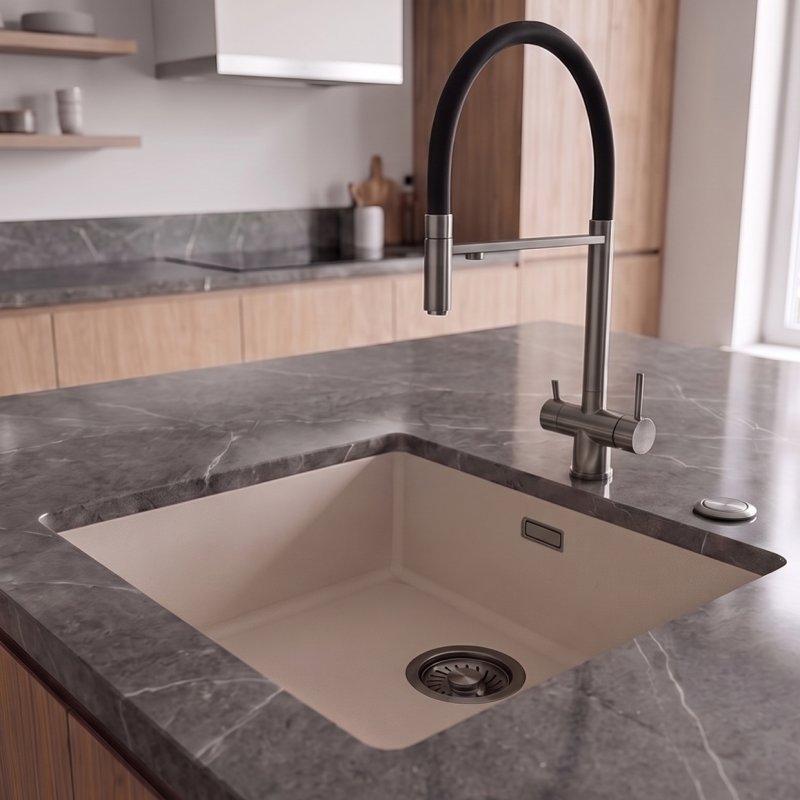 Pure.Sink Eternal Quartz Coffee cream Spoelbak 40x40 cm Onderbouw en Opbouw met Automatische Gun metal plug