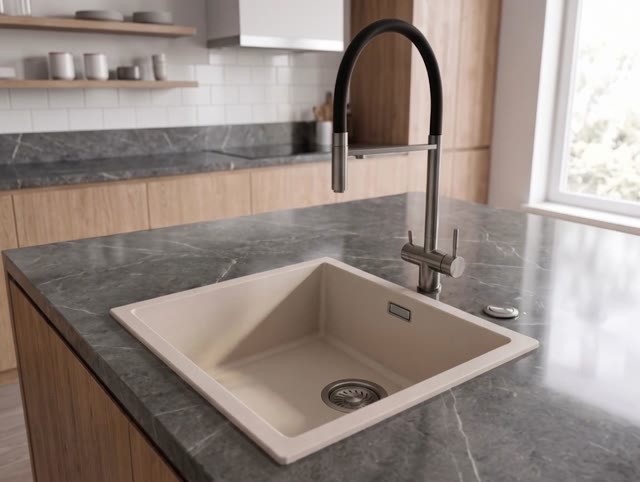 Pure.Sink Eternal Quartz Coffee cream Spoelbak 40x40 cm Onderbouw en Opbouw met Automatische Gun metal plug